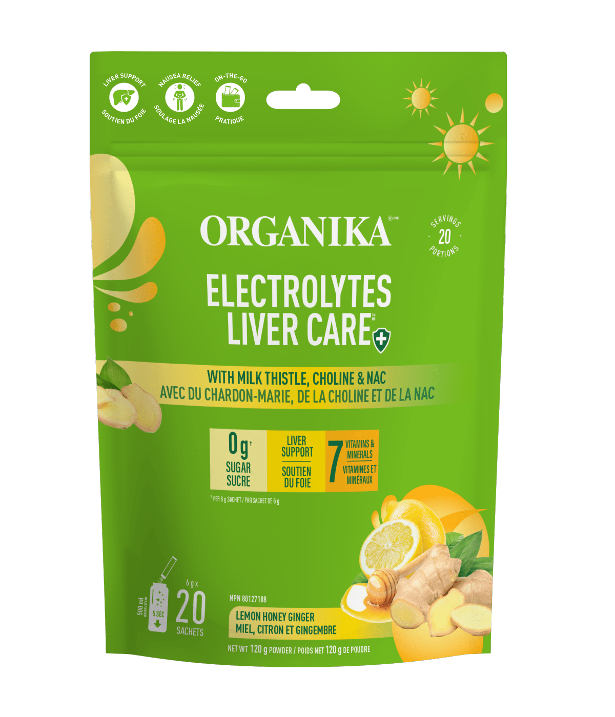 Electrolytes Liver Care with Milk Thistle, Choline & NAC - Lemon Honey Ginger - Organika Health Products