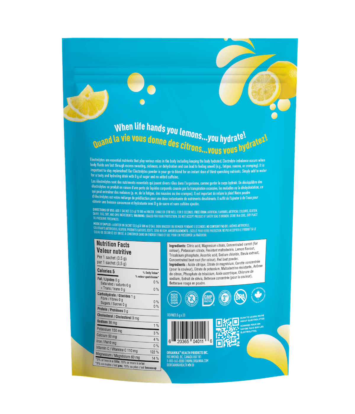 Electrolytes Sachets - Classic Lemonade - 20 Pack - Organika Health Products