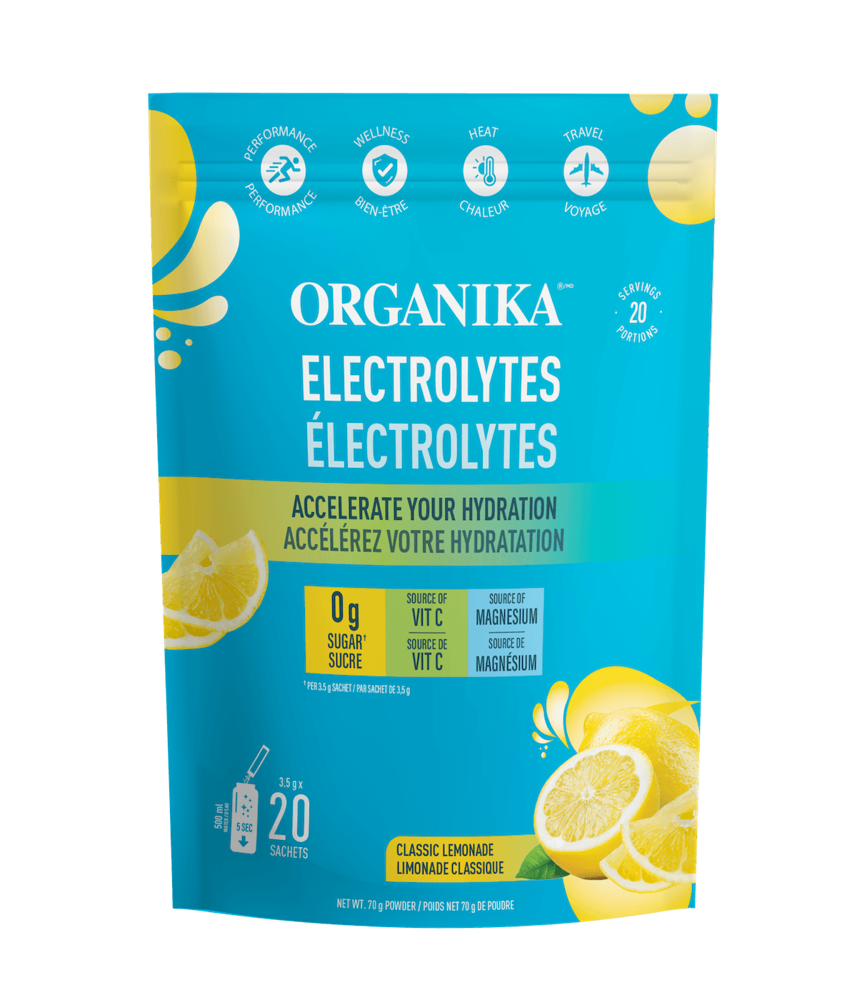 Electrolytes Sachets - Classic Lemonade - 20 Pack - Organika Health Products