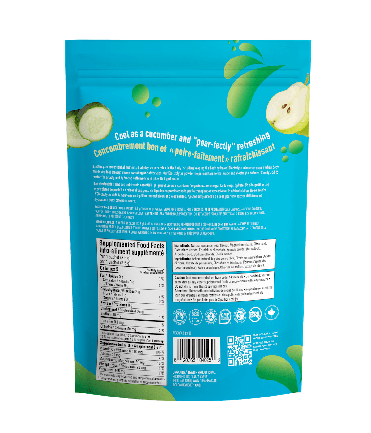 Electrolytes Sachets - Cucumber Pear - 20 Pack - Organika Health Products