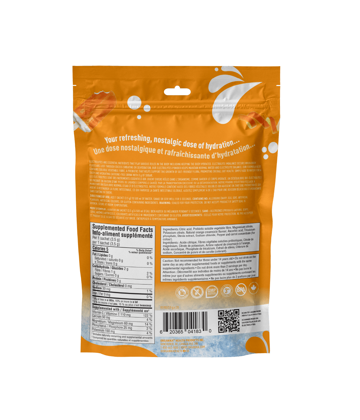 Electrolytes Sachets - Orange Creamsicle - 20 Pack - Organika Health Products
