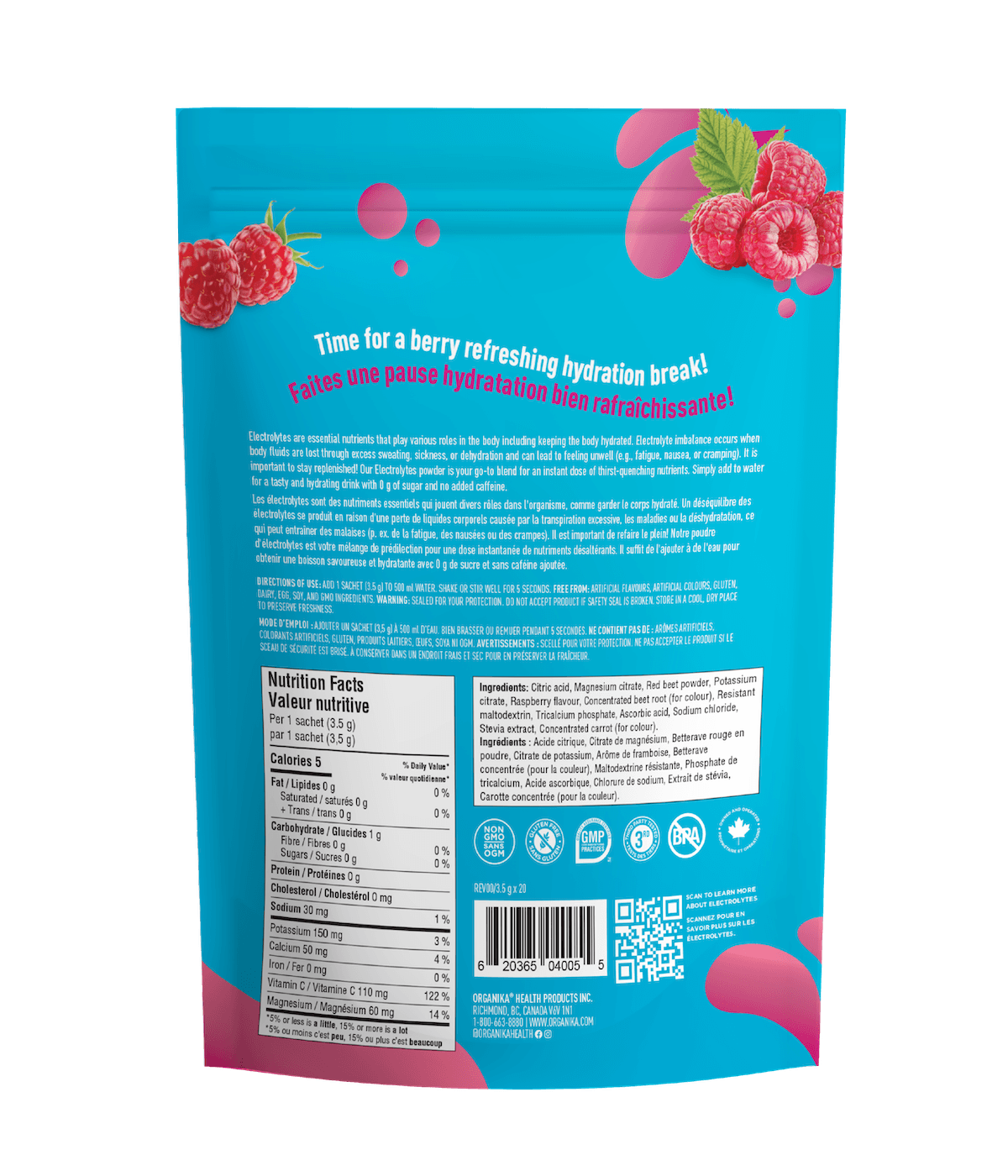 Electrolytes Sachets - Wild Raspberry - 20 Pack - Organika Health Products