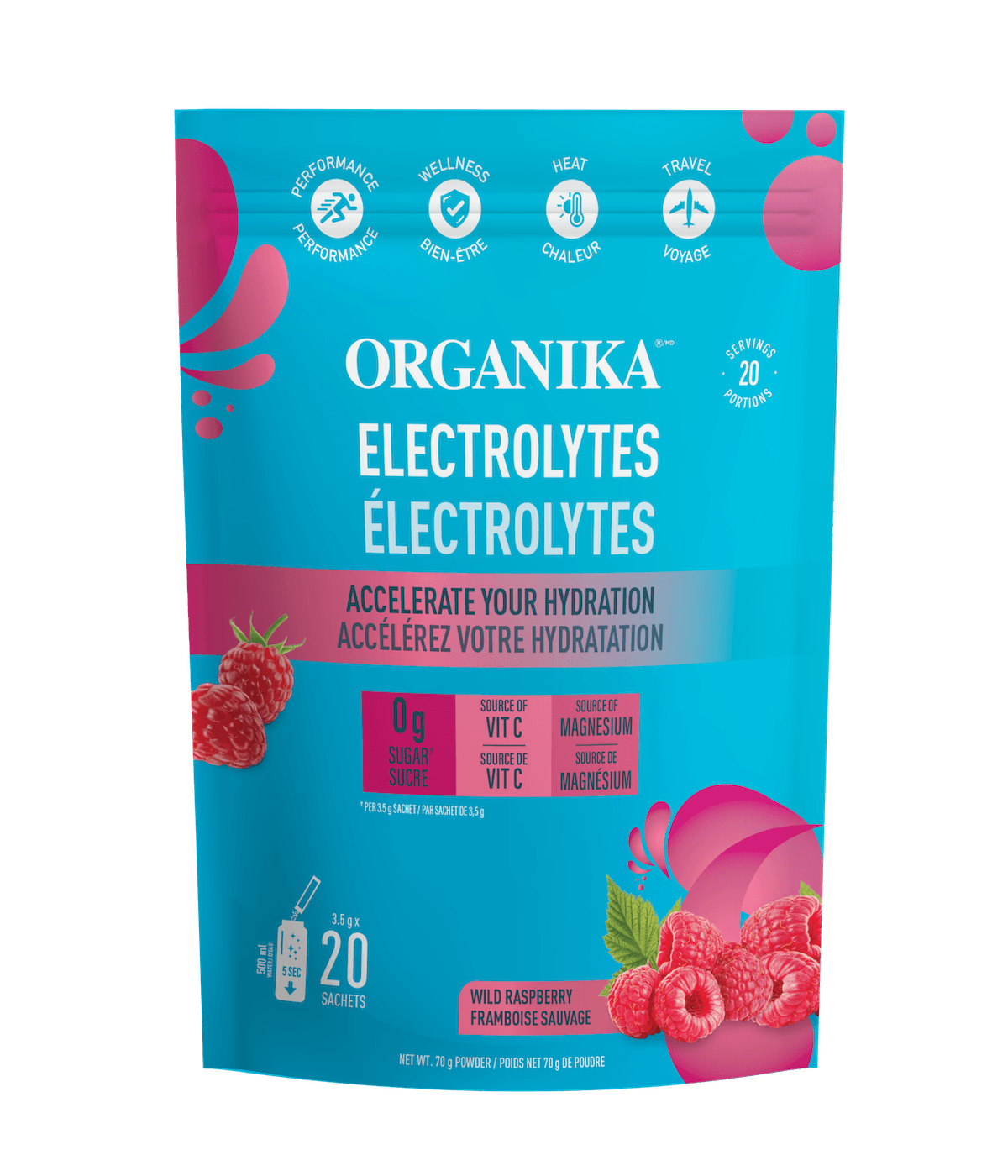 Electrolytes Sachets - Wild Raspberry - 20 Pack - Organika Health Products