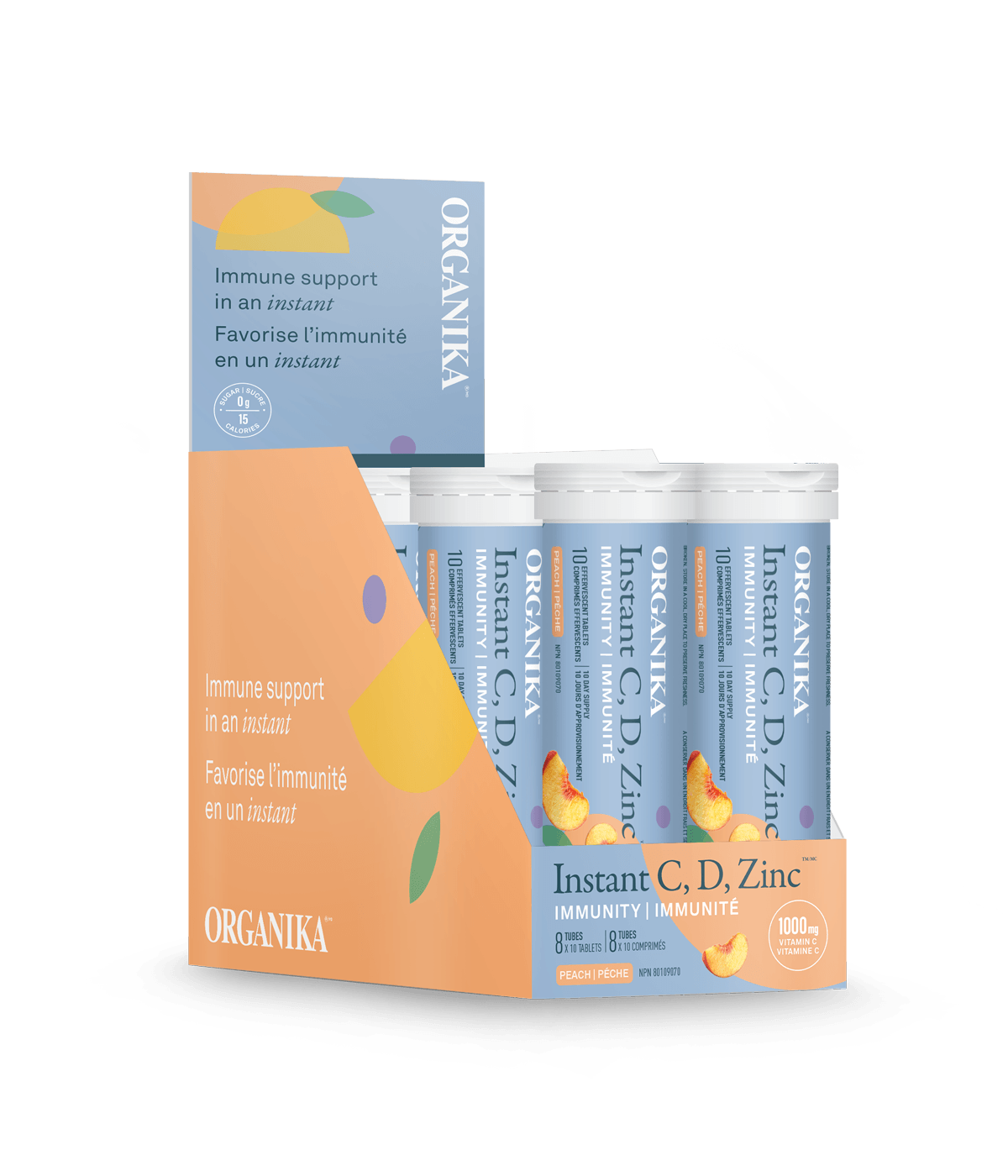 Instant C, D, Zinc Immunity Effervescent - Peach - Box (8 Tubes) - Organika Health Products