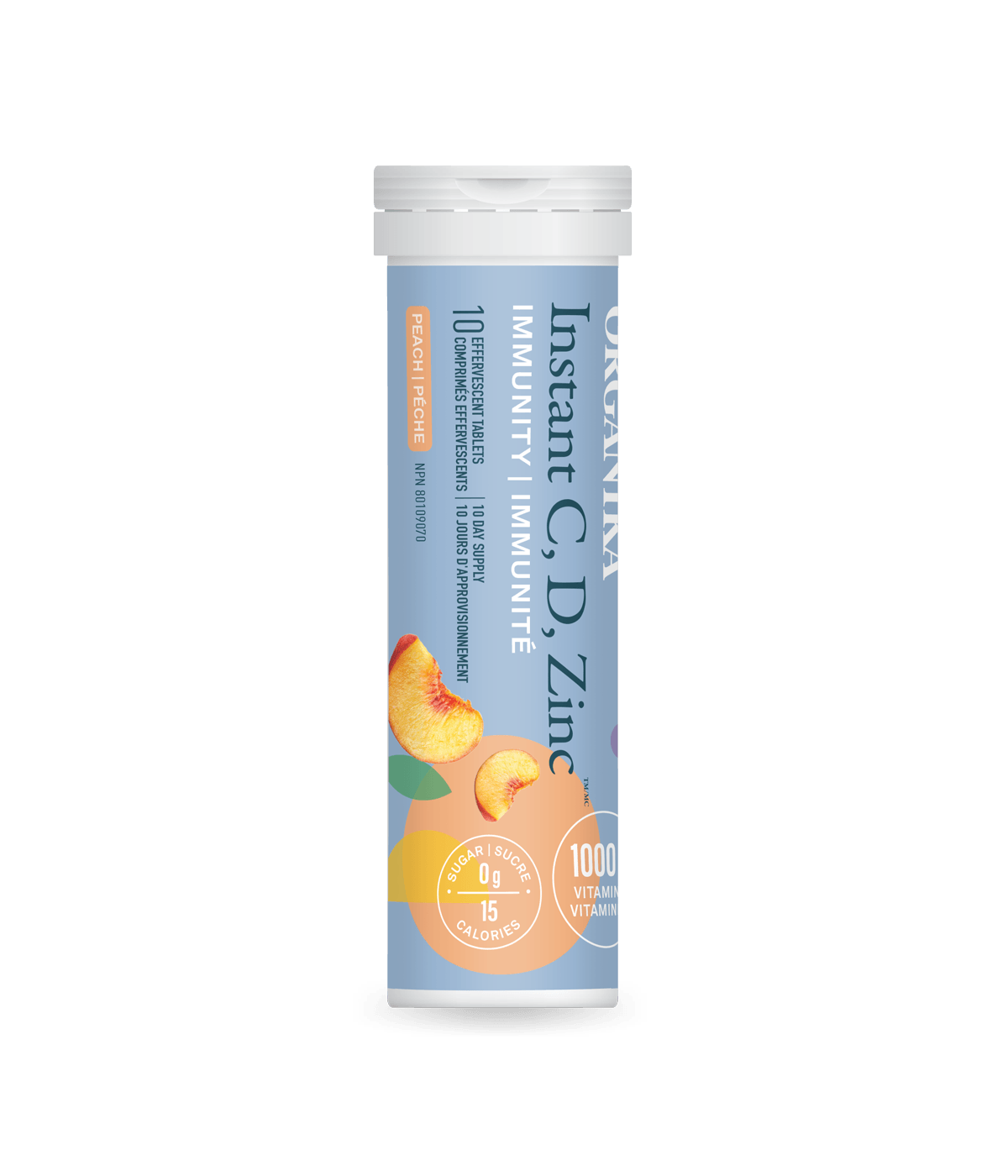 Instant C, D, Zinc Immunity Effervescent - Peach - Single Tube - Organika Health Products