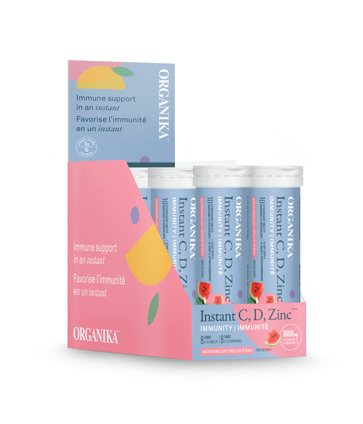 Instant C, D, Zinc Immunity Effervescent - Watermelon - Box (8 Tubes) - Organika Health Products