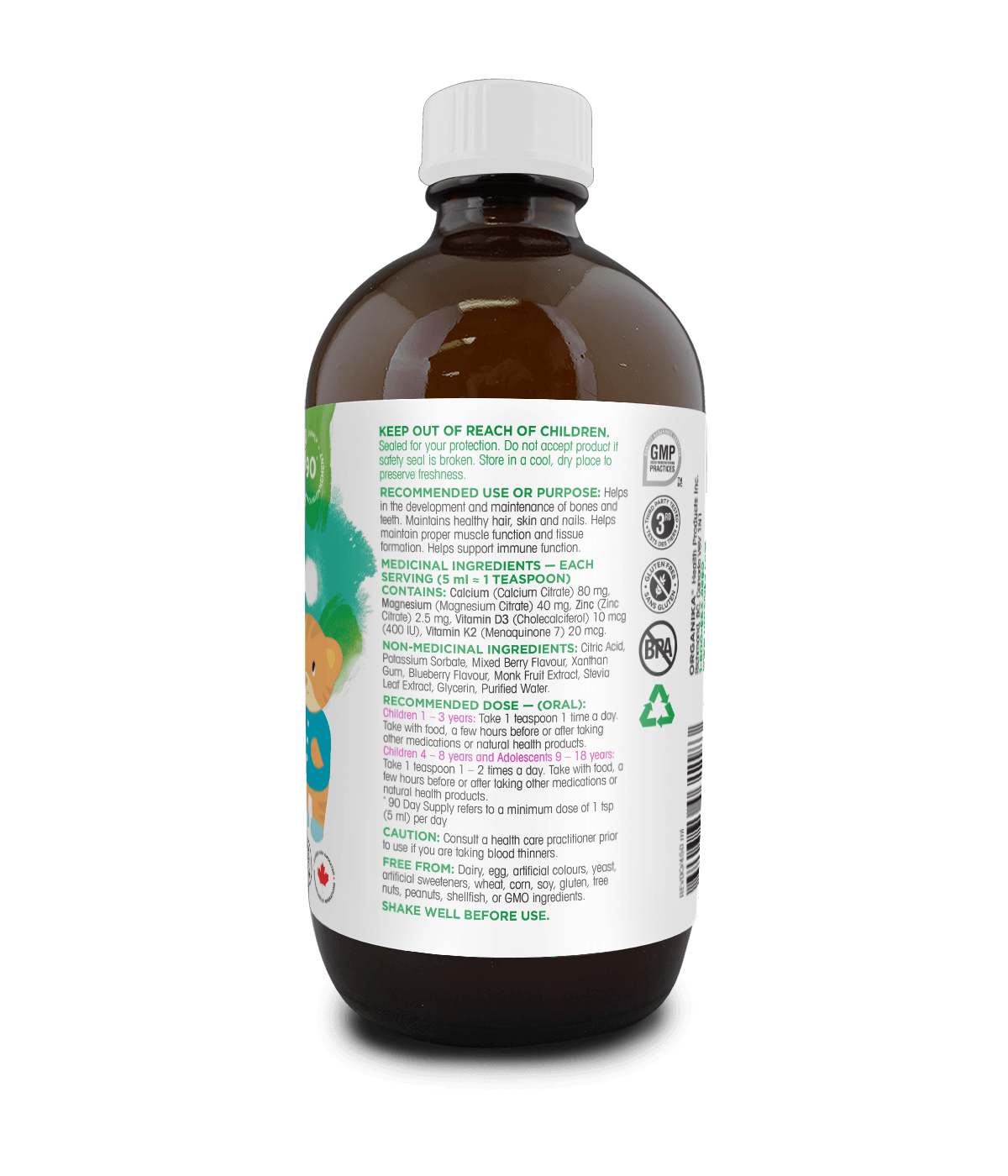 Kids Liquid Calcium Plus with Vitamins D3 & K2 - Mixed Berry - Organika Health Products