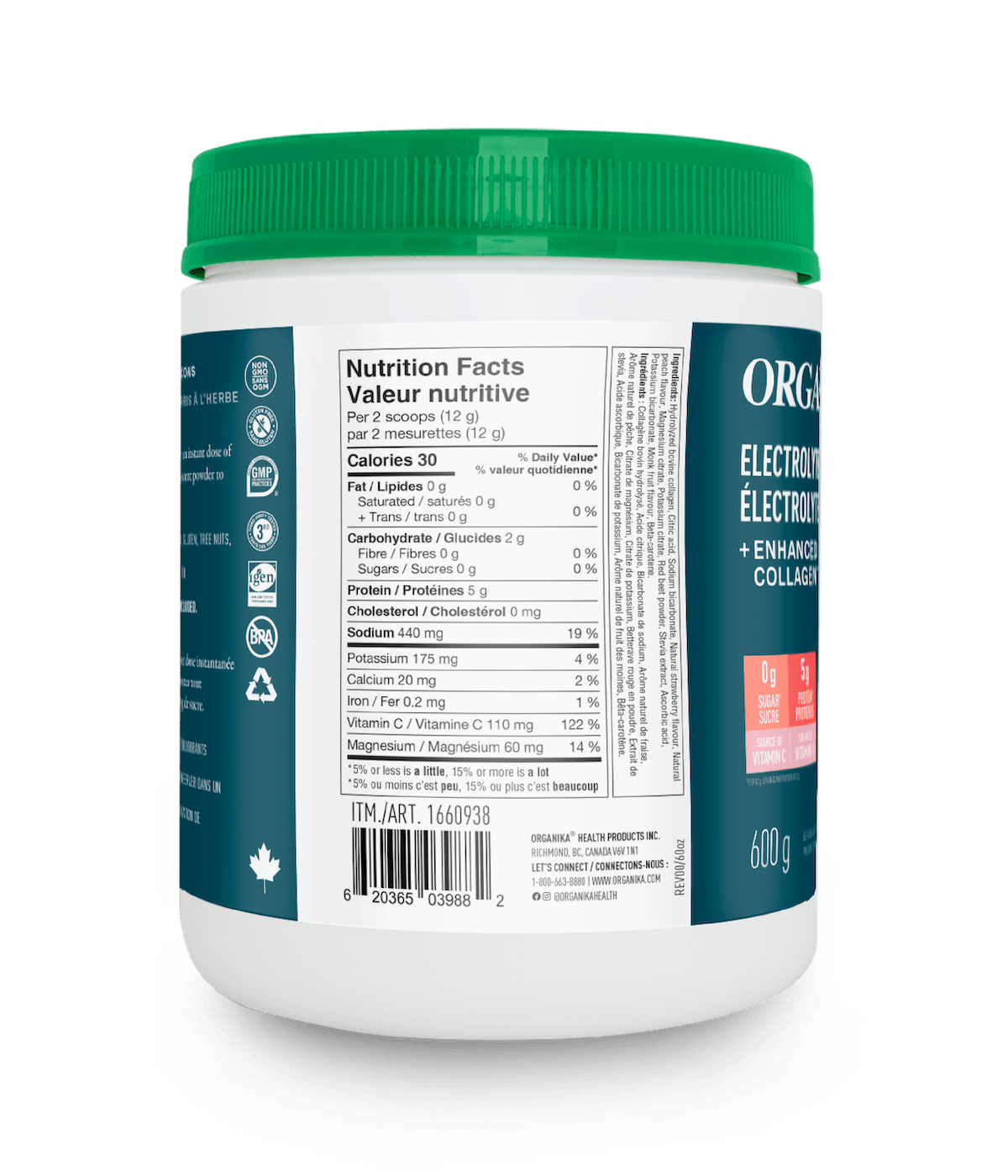 Electrolytes + Enhanced Collagen™ - Juicy Strawberry Peach 600 g - Juicy Strawberry Peach - Organika Health Products