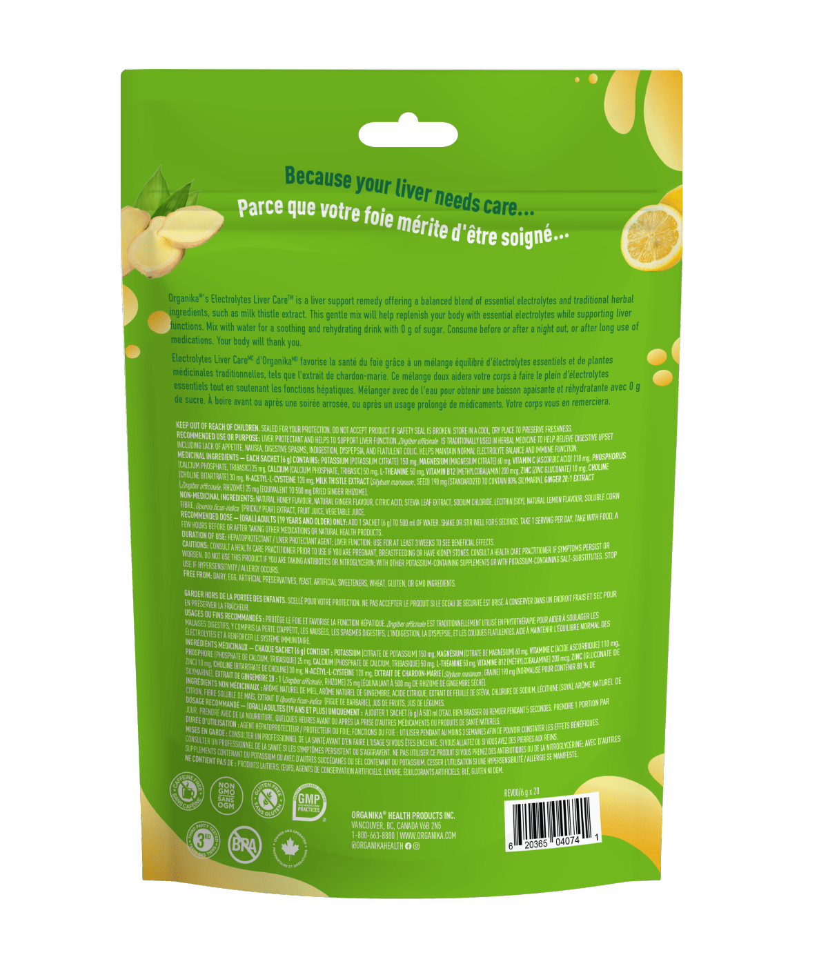 Electrolytes Liver Care with Milk Thistle, Choline & NAC - Lemon Honey Ginger - Organika Health Products