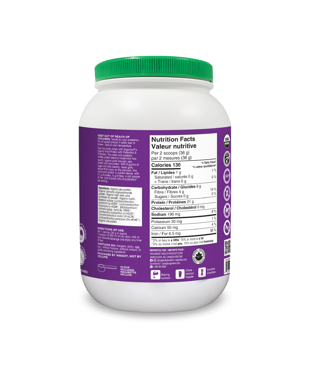 Organic Plant Protein with Prebiotics & Probiotics - Unflavoured - Organika Health Products